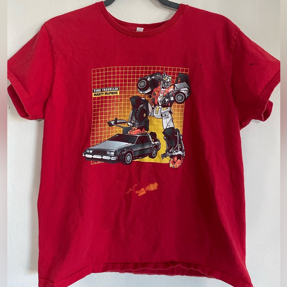 Red Graphic T-Shirt with Robot and Car Design-Marty Mcprime